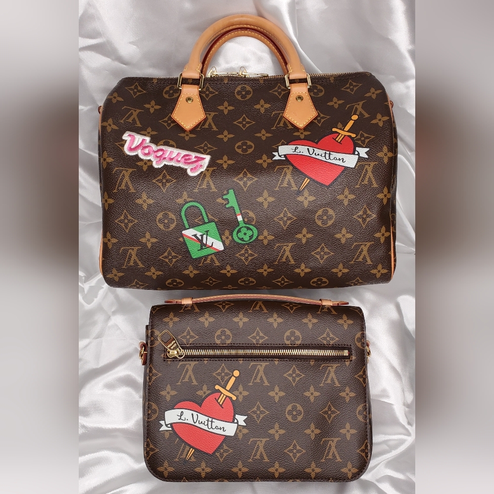 Louis Vuitton Brown and Red Satchel with Monogram and Patches - Picture 2 of 7